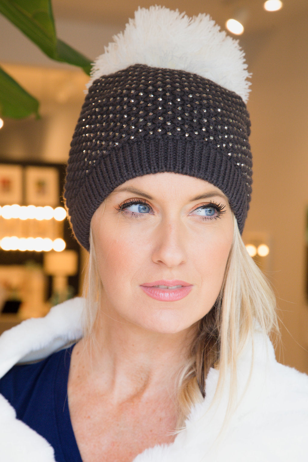 Jetwash Black Sugar Super Pom Crystal Encrusted Hat Front View