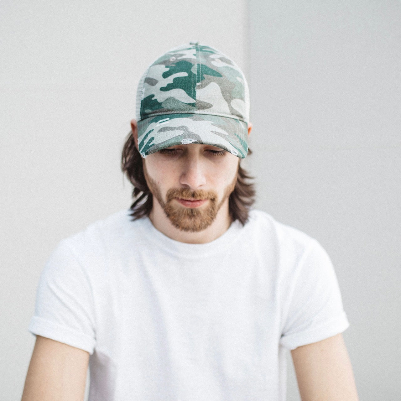 Woody Green Camo Johnnie Distressed Meshback Trucker Hat Top View