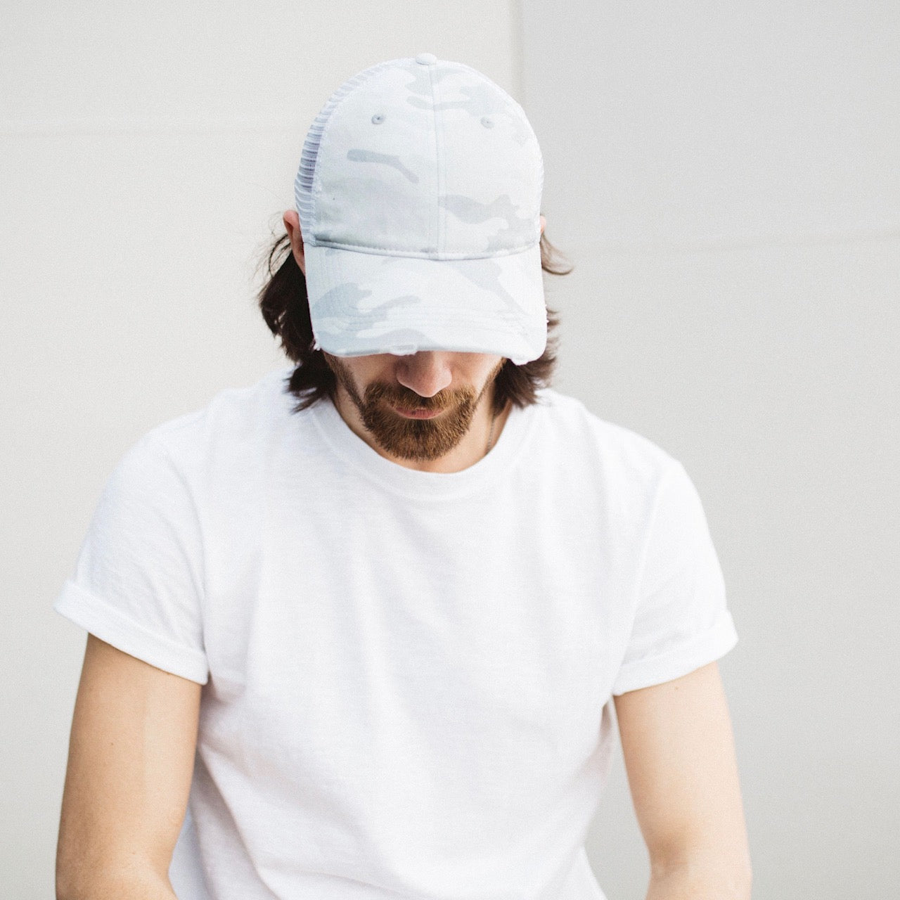 Arctic White Camo Johnnie Distressed Meshback Trucker Hat Top View