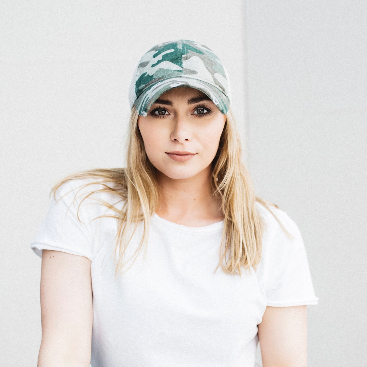 Woody Green Camo Johnnie Distressed Meshback Trucker Hat Front View