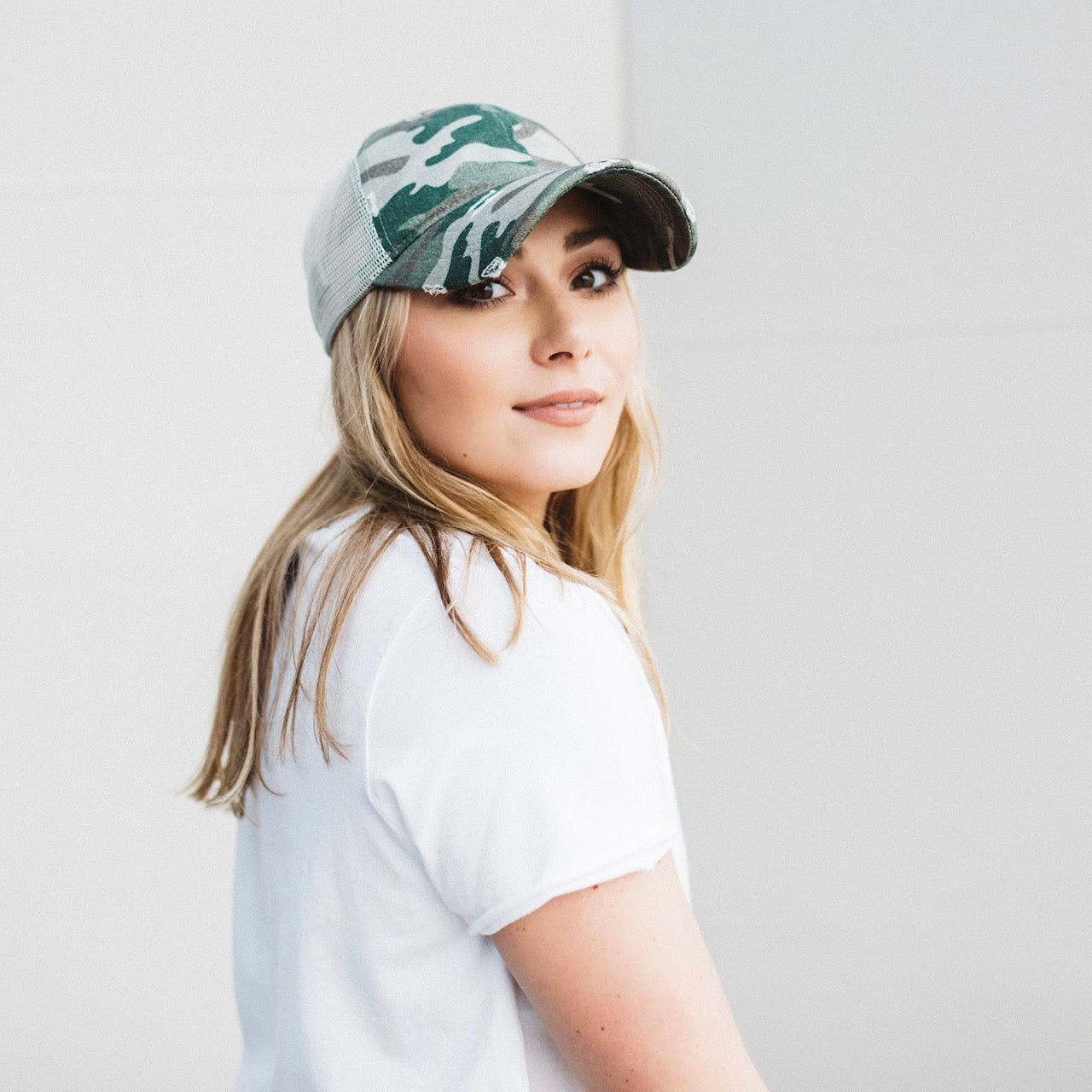 Woody Green Camo Johnnie Distressed Meshback Trucker Hat Side View