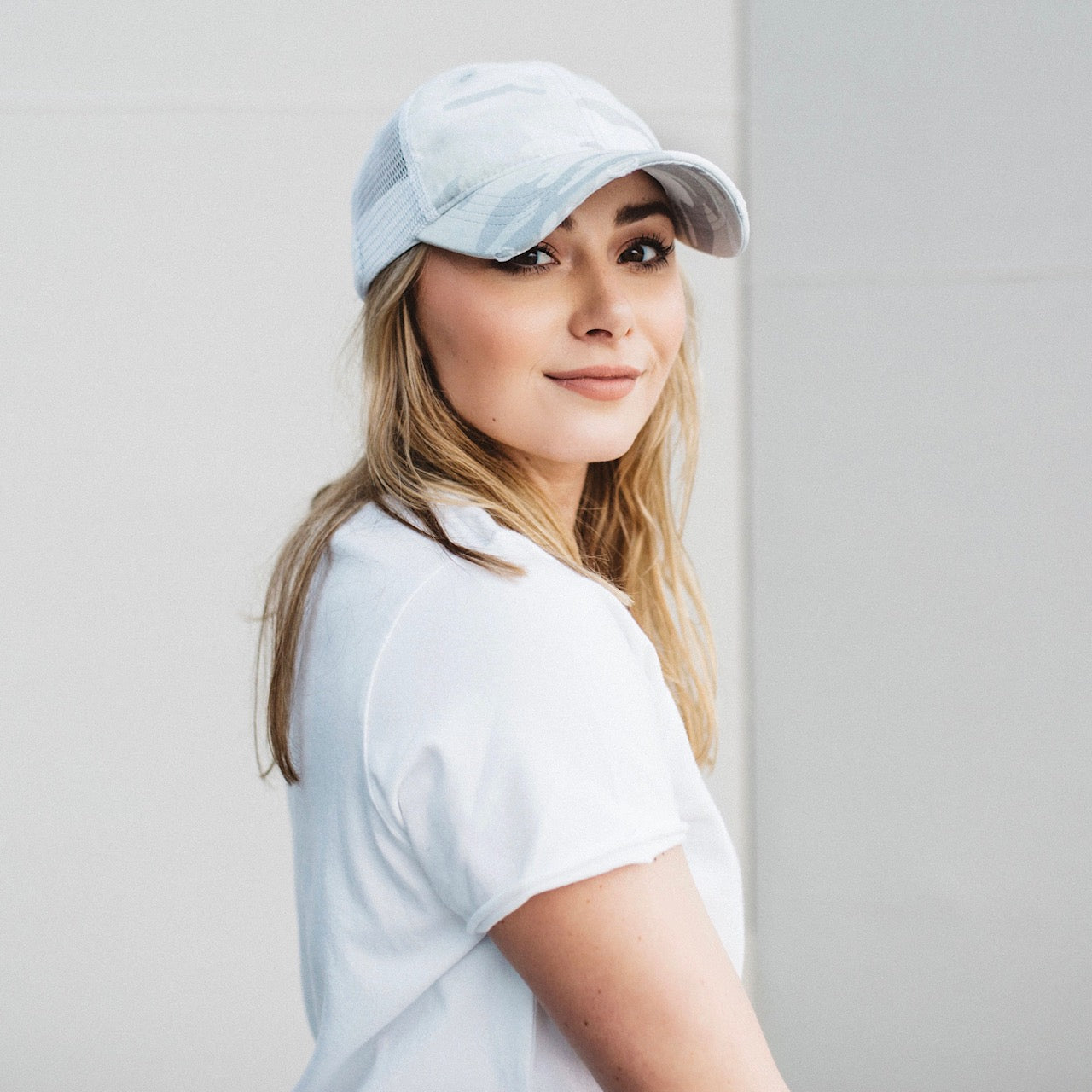 Arctic White Camo Johnnie Distressed Meshback Trucker Hat Side View