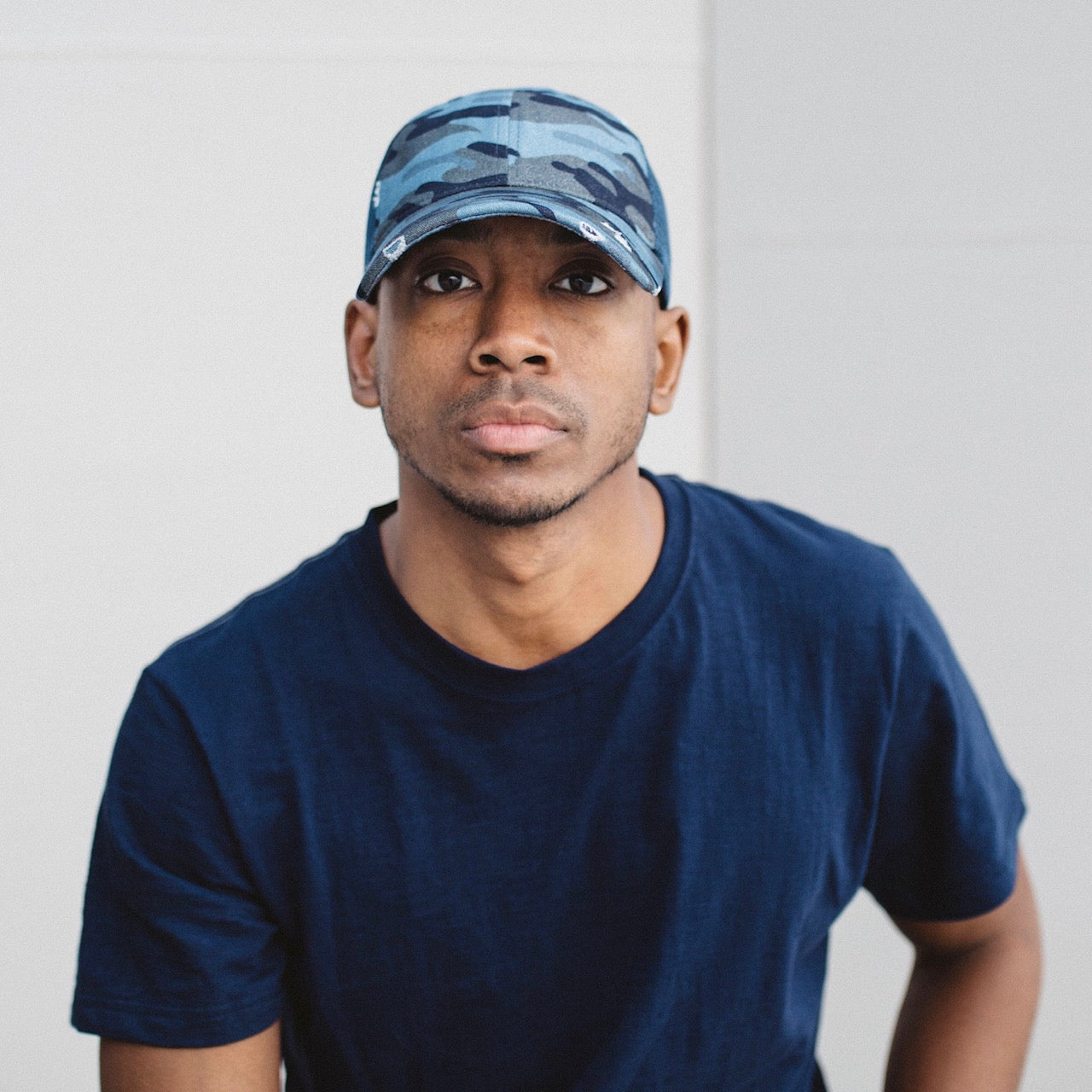 Deep Navy Camo Johnnie Distressed Meshback Trucker Hat Front View