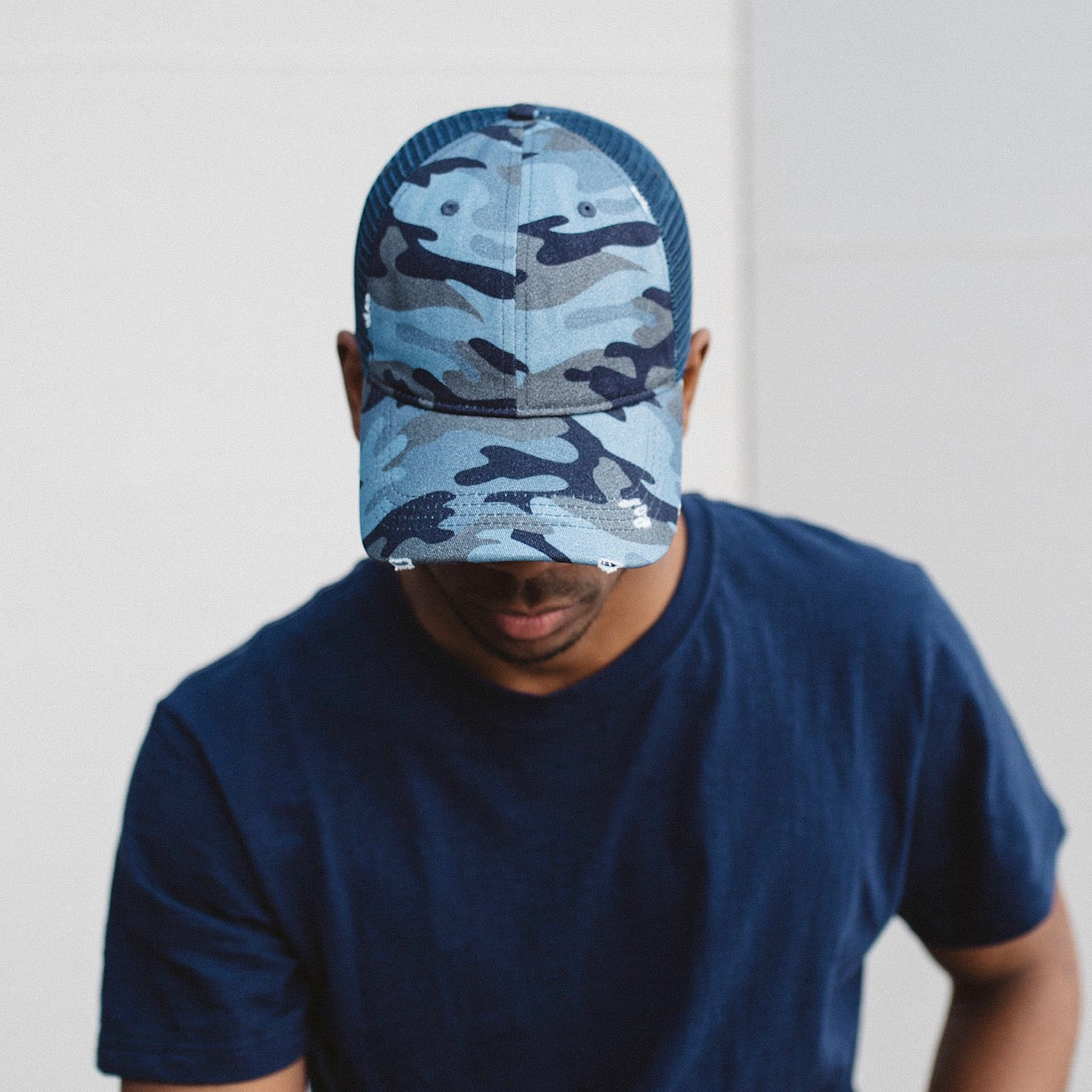 Deep Navy Camo Johnnie Distressed Meshback Trucker Hat Top View