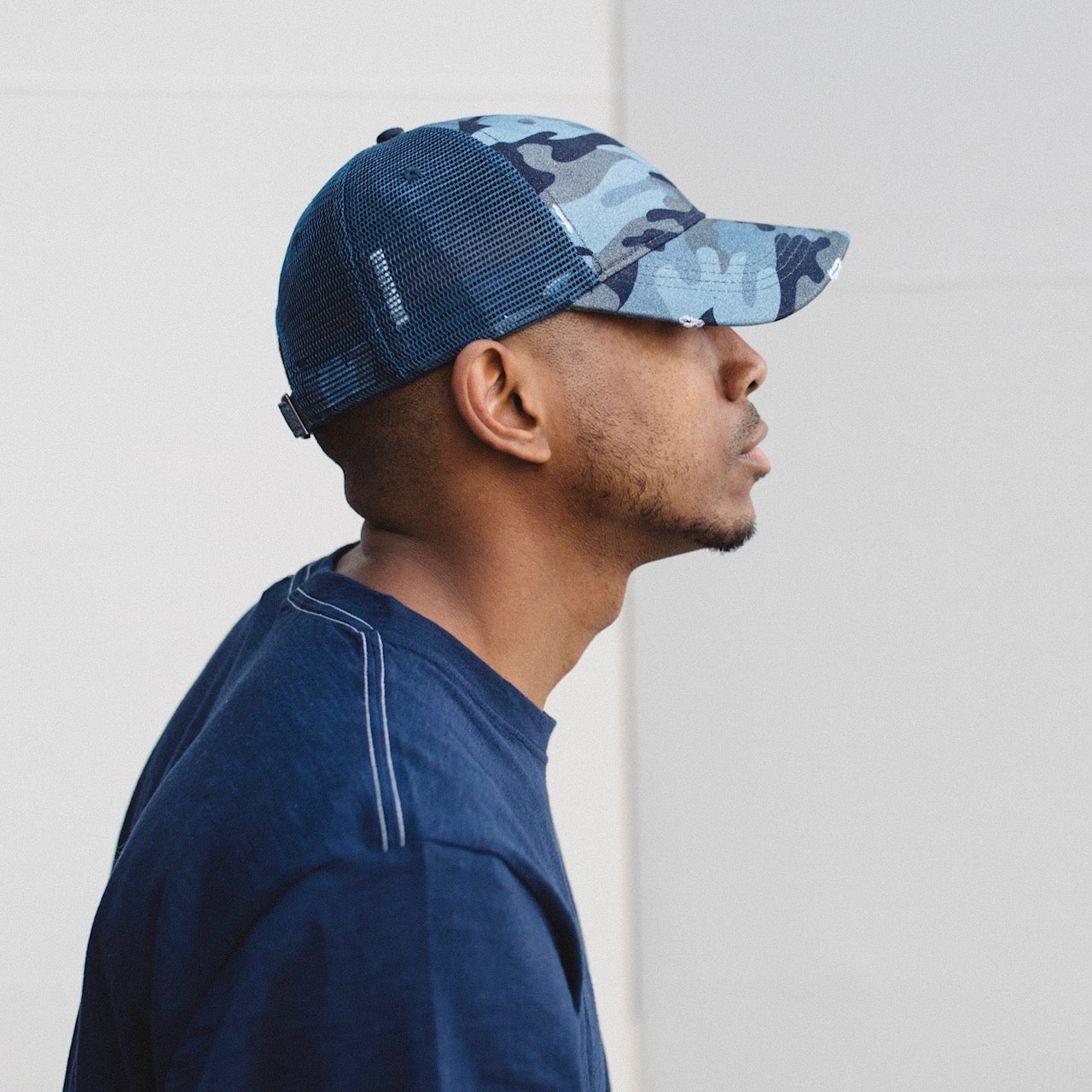 Deep Navy Camo Johnnie Distressed Meshback Trucker Hat Side View