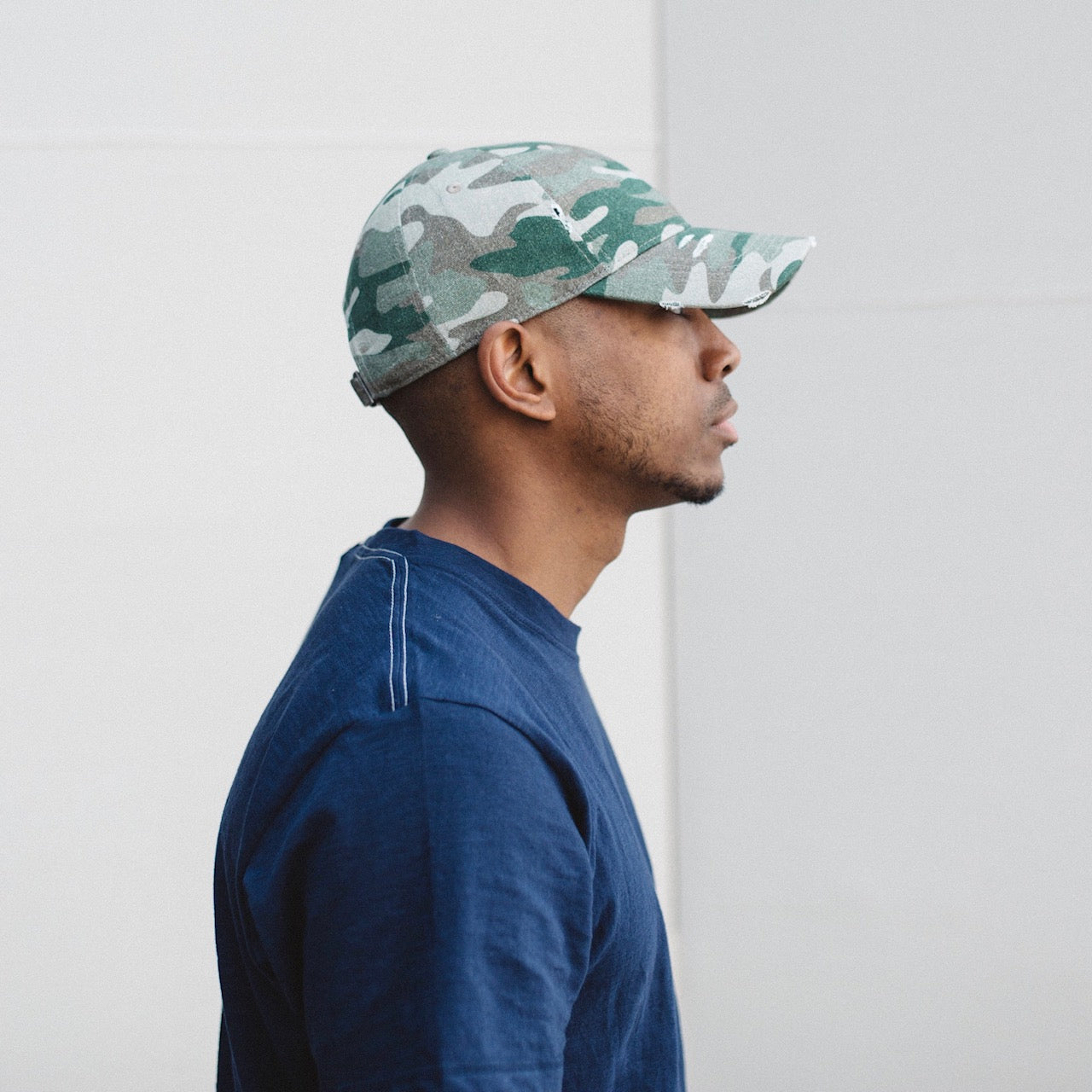 Woody Green Camo George Distressed Dad Cap side view