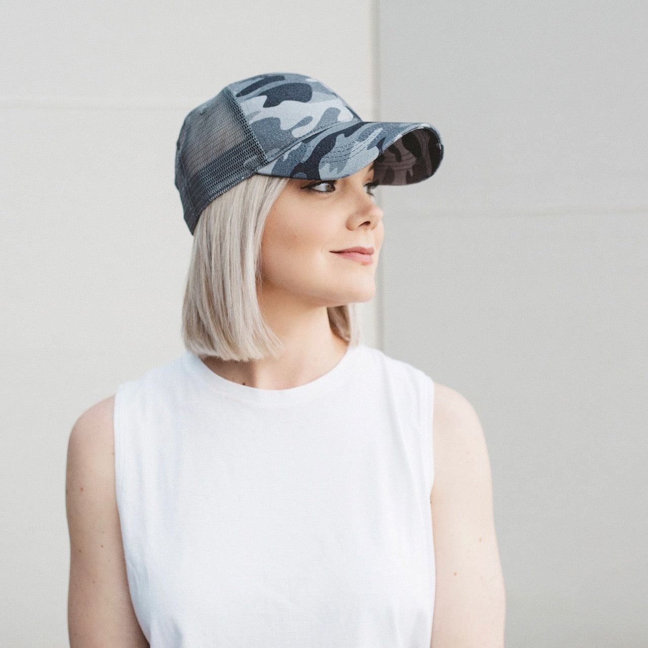Stealth Gray Mike Meshback Trucker Hat Side View