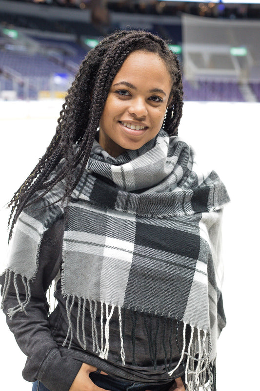 Black White Gray Plaid 3 Button Wrap Scarf Foxhound