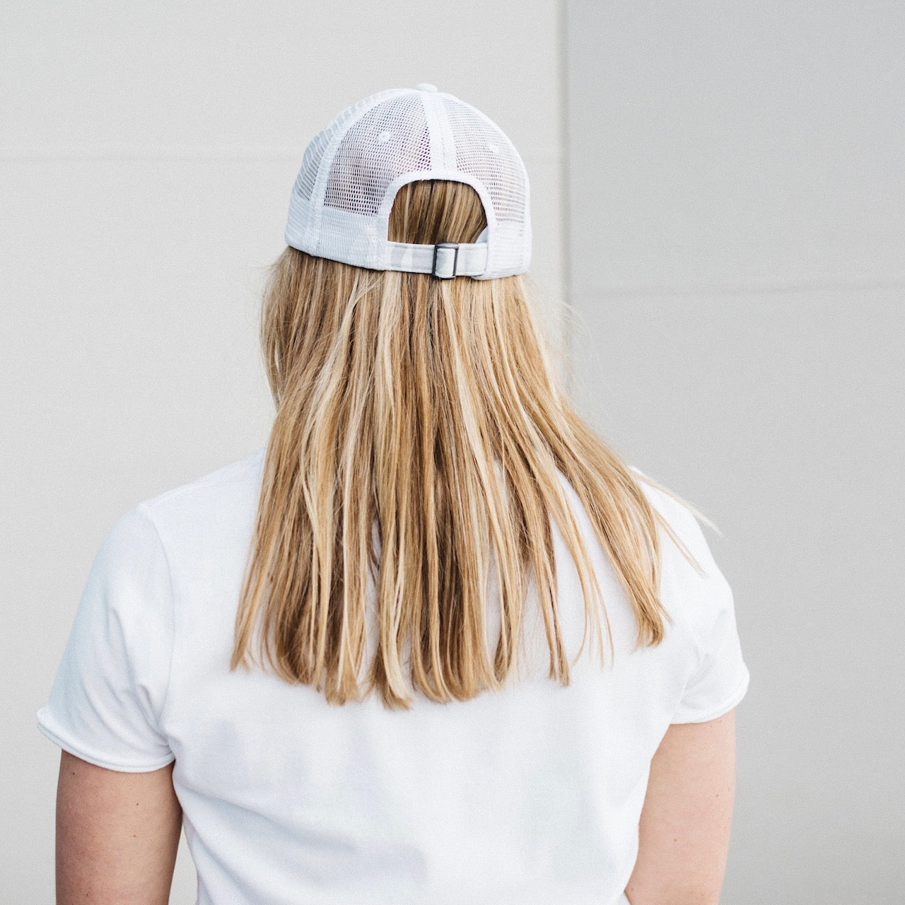 Arctic White Camo Johnnie Distressed Meshback Trucker Hat Back View