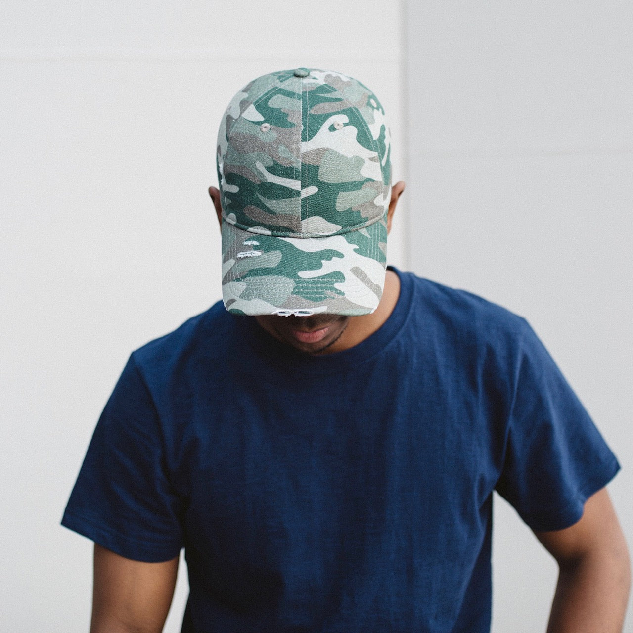 Woody Green Camo George Distressed Dad Cap top view
