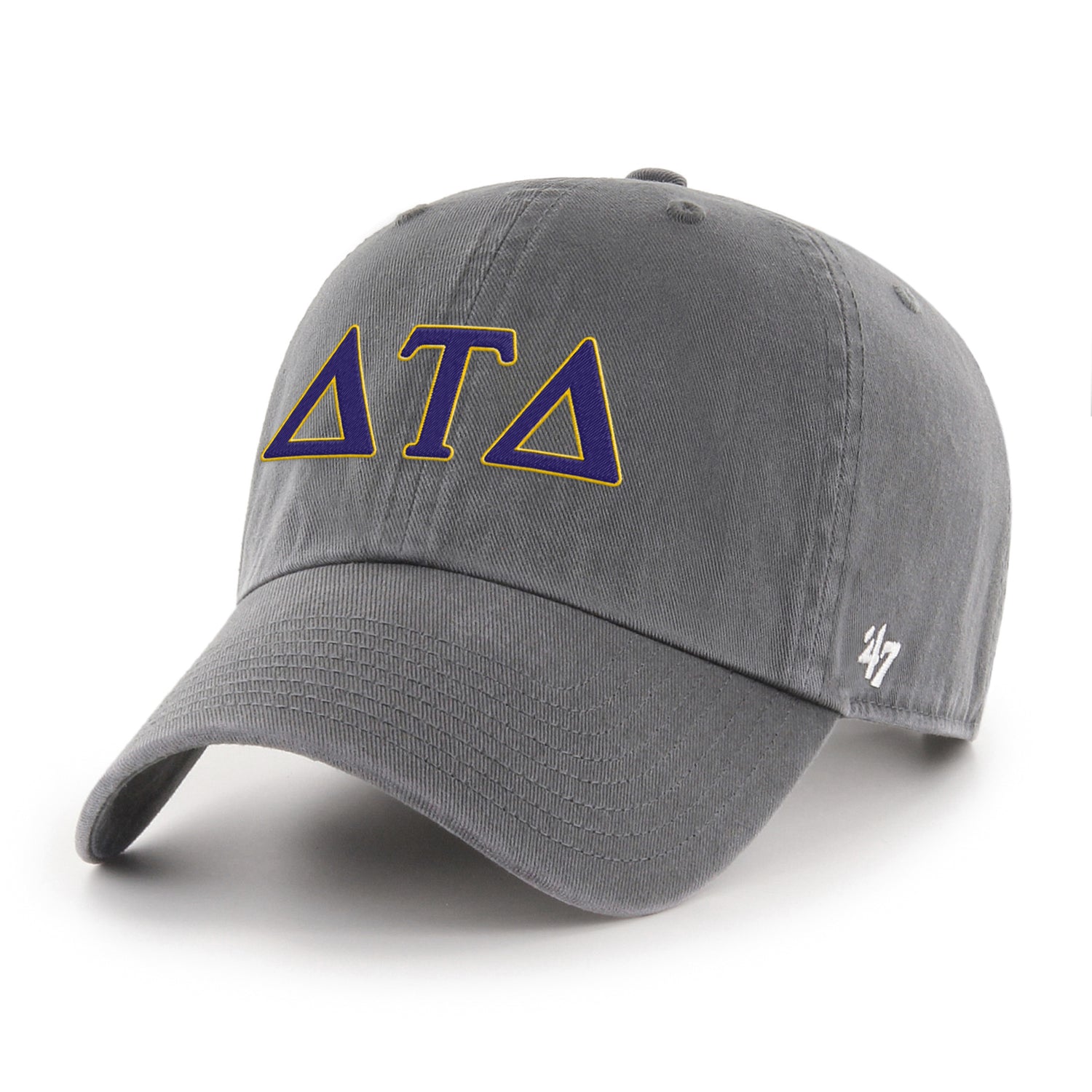 Delta tau delta '47 brand clean up hat in charcoal grey gray with purple embroidery