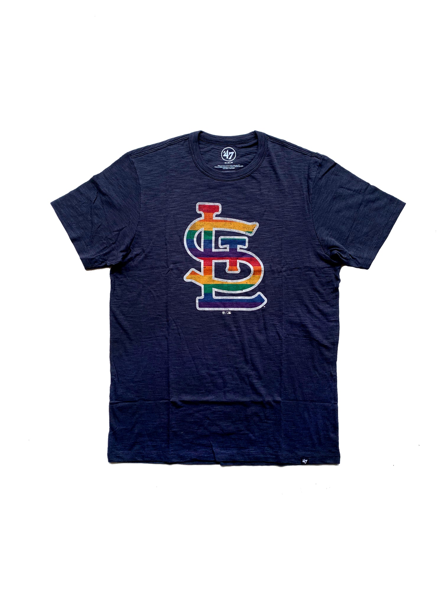 Front view St. Louis Cardinals Rainbow Pride Navy scrum Shirt with Screened STL Rainbow logo from '47 Brand made from 100% cotton scrum