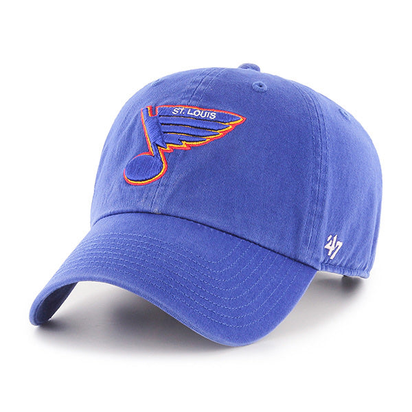 Front view: royal blue 100% cotton hat with blue retro STL Blues Blue Note with ST.LOUIS detailing in white and red/yellow outlines
