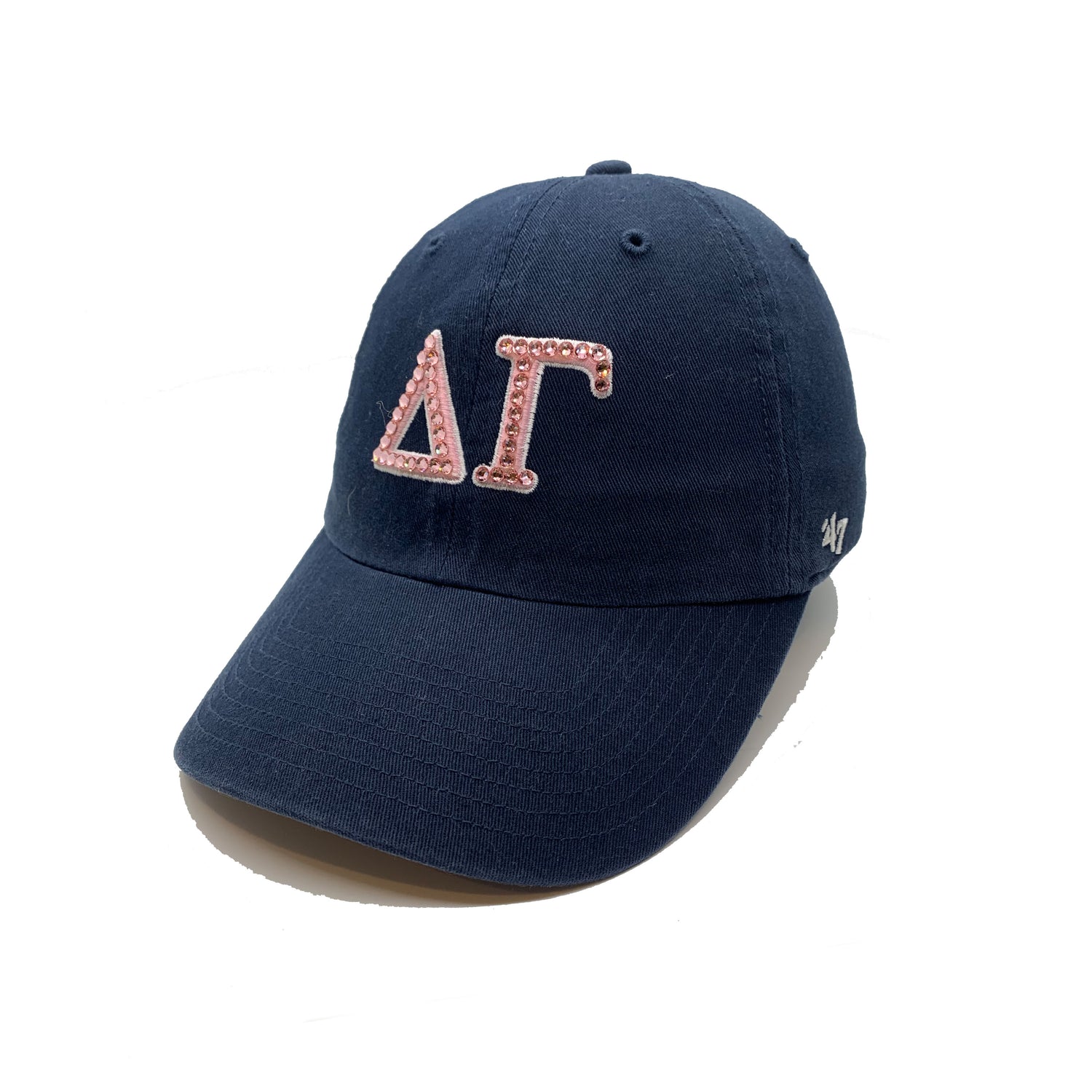 Delta Gamma Navy '47 Brand hat with pink crystal front side view